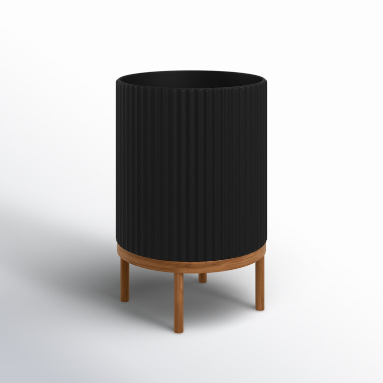 Demi 12" Black Fluted Planter with Acacia Wood Stand