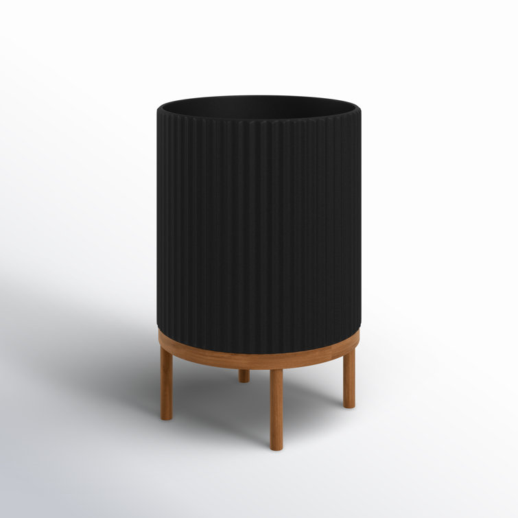 Demi 12" Black Fluted Planter with Acacia Wood Stand