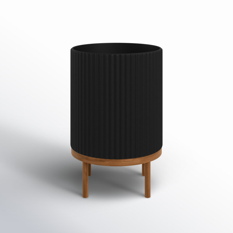 Demi 12" Black Fluted Planter with Acacia Wood Stand