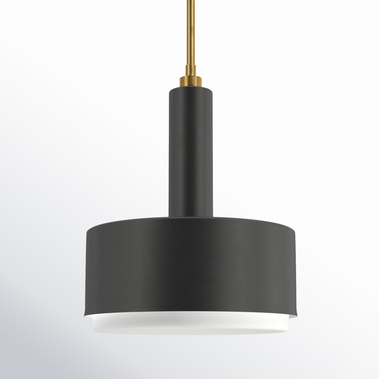 Elegant Modern Black Brass LED Drum Pendant with Etched Opal Glass