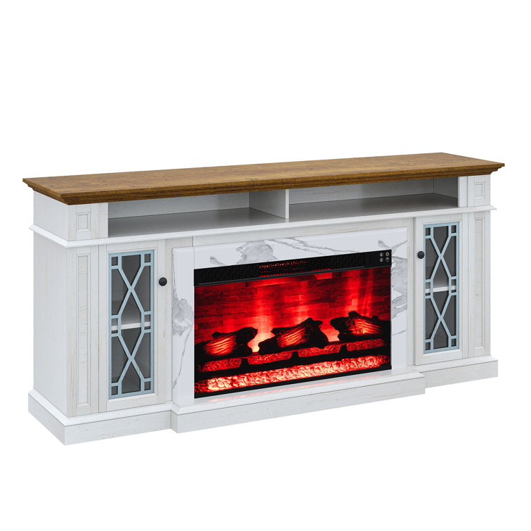 Distressed White 70" Farmhouse Fireplace TV Stand with Cabinet