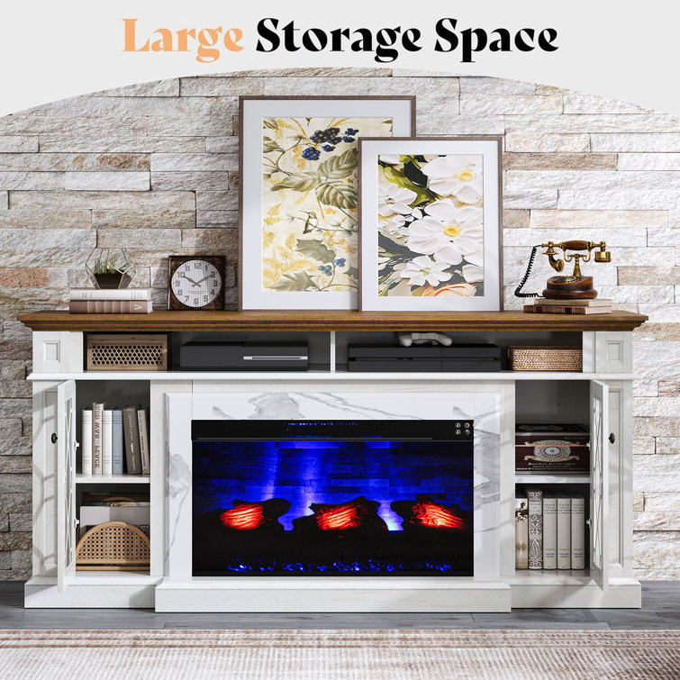 Distressed White 70" Farmhouse Fireplace TV Stand with Cabinet