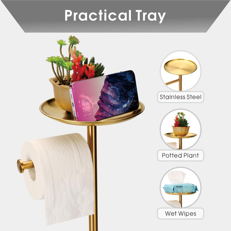 Gold Stainless Steel Freestanding Toilet Paper Holder with Phone Shelf