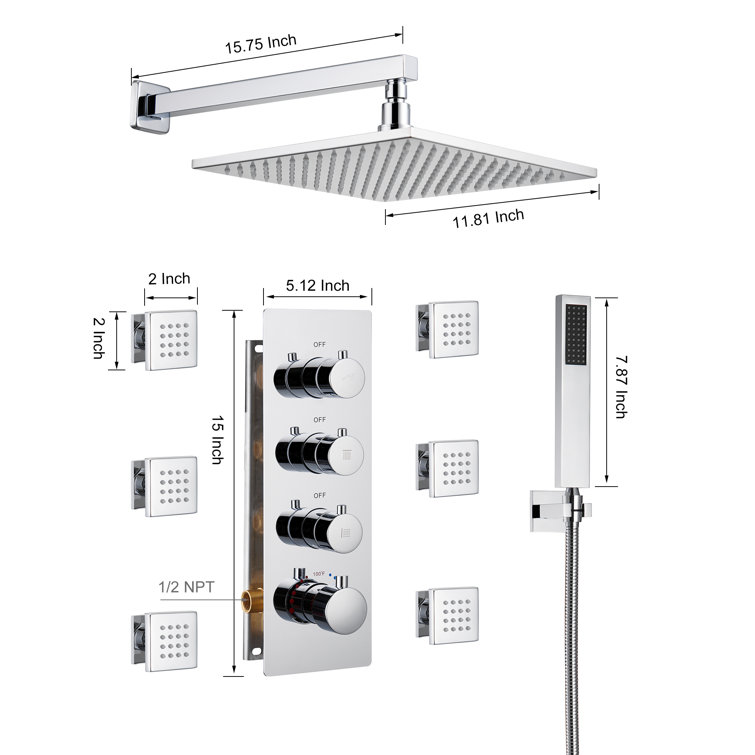 12 Inch Chrome LED Wall Mounted Rain Shower System with Handheld and Body Jets