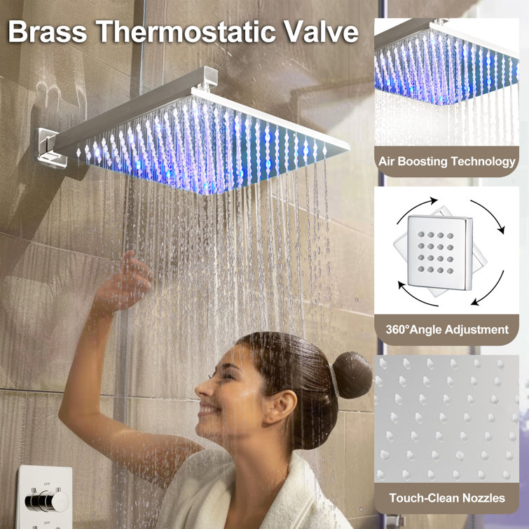 12 Inch Chrome LED Wall Mounted Rain Shower System with Handheld and Body Jets