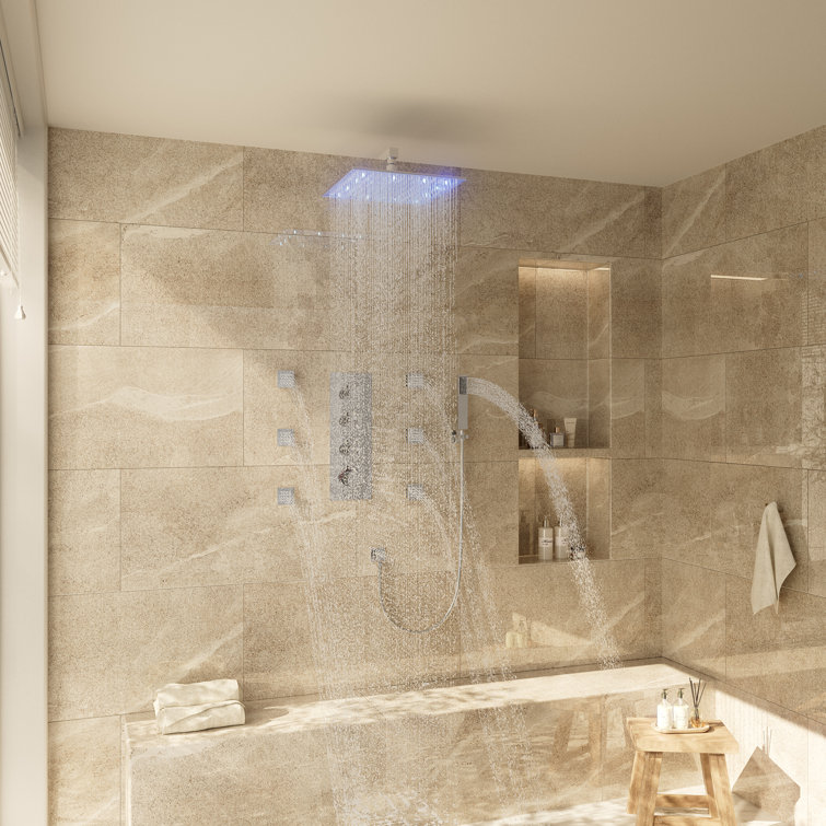 12 Inch Chrome LED Wall Mounted Rain Shower System with Handheld and Body Jets