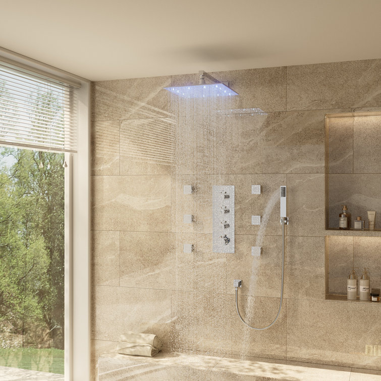 12 Inch Chrome LED Wall Mounted Rain Shower System with Handheld and Body Jets