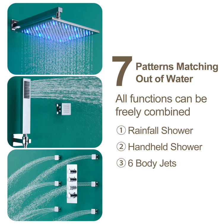 12 Inch Chrome LED Wall Mounted Rain Shower System with Handheld and Body Jets