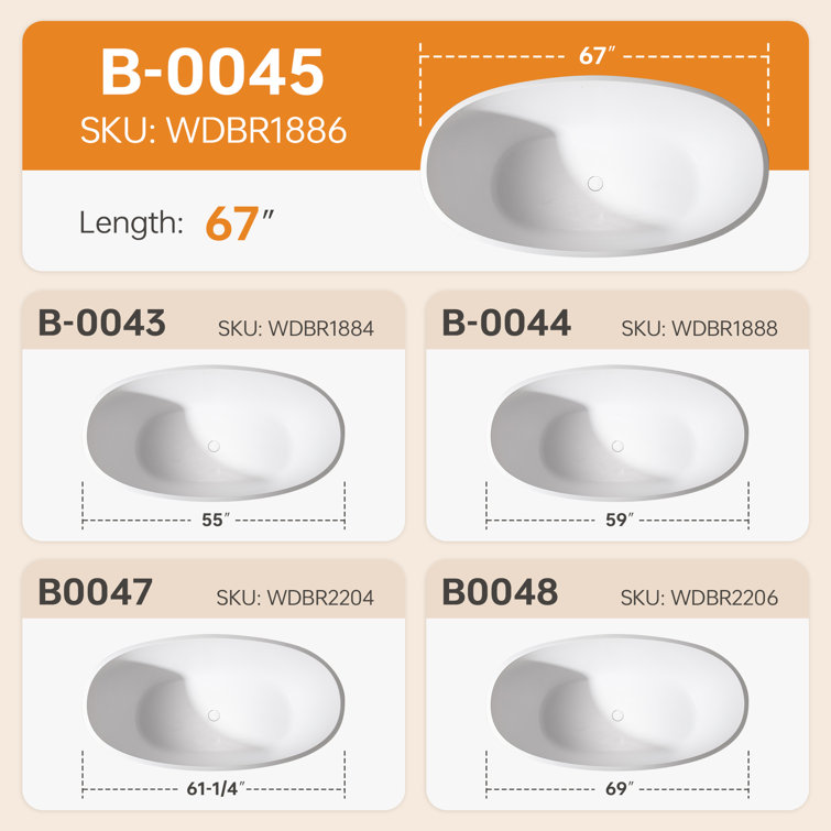 67" Matte White Acrylic Freestanding Oval Bathtub