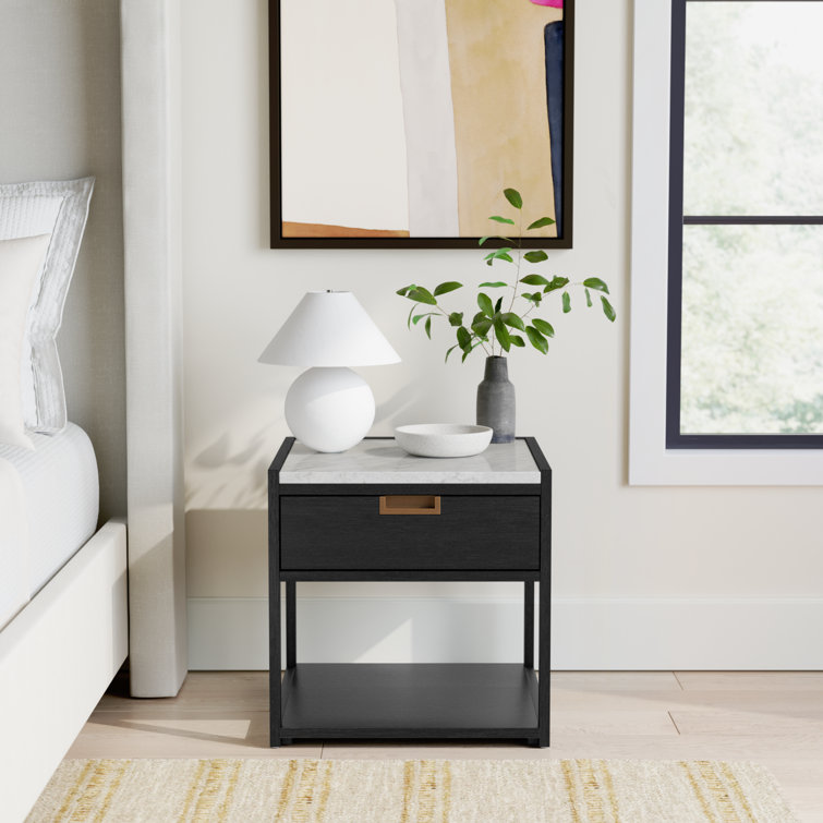 Adeline Black and White Marble Top Nightstand with Antique Brass Handle