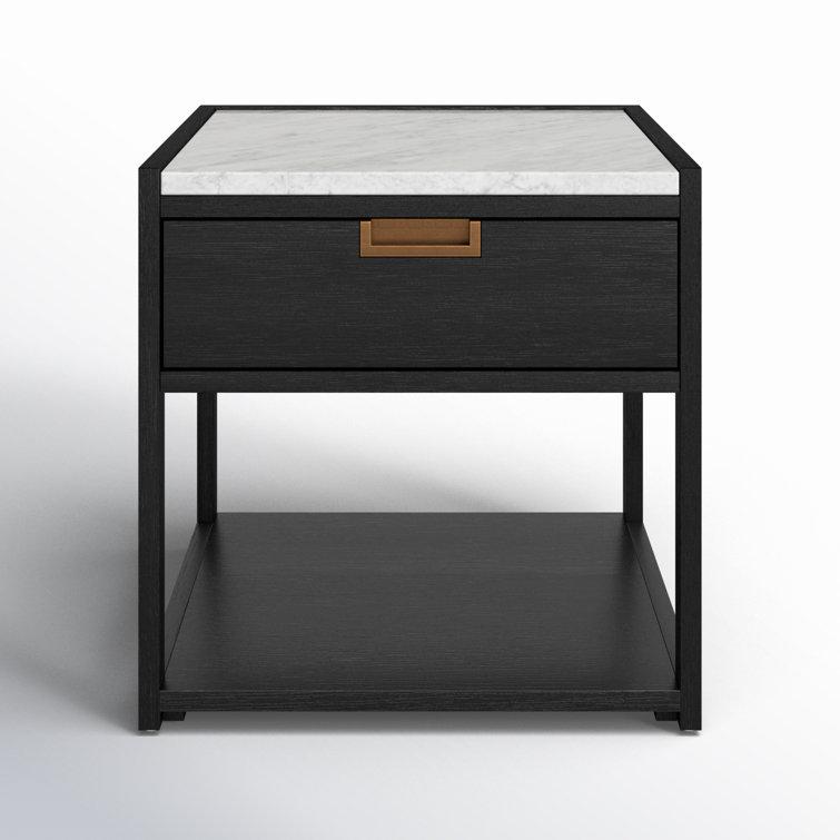 Adeline Black and White Marble Top Nightstand with Antique Brass Handle