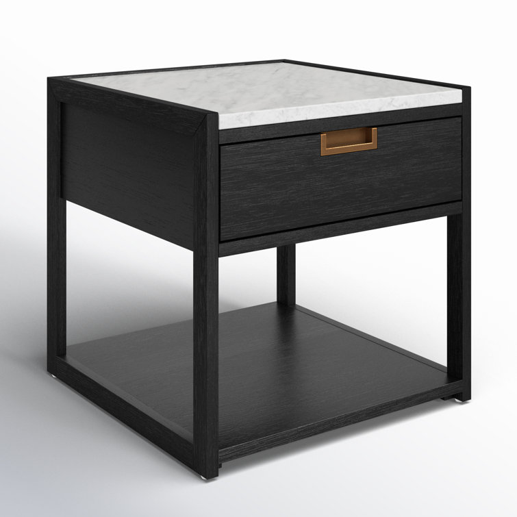 Adeline Black and White Marble Top Nightstand with Antique Brass Handle