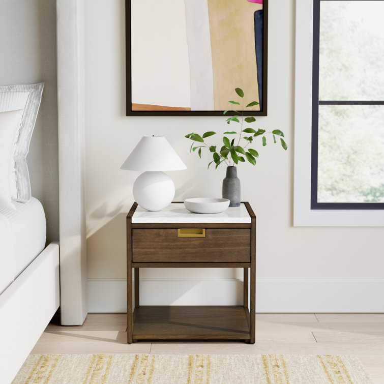 Transitional Dark Chocolate 1-Drawer Nightstand with White Marble Top