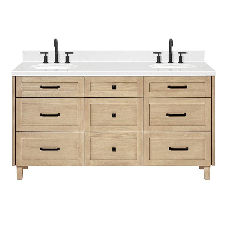 Monroe 66 Inch Oak Double Sink Vanity with Carrara White Quartz Top