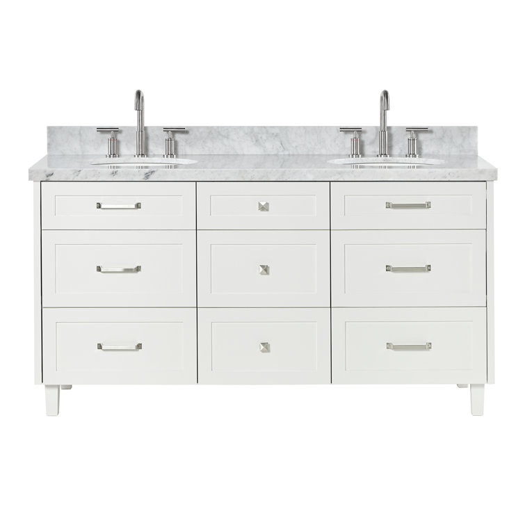 White Double Sink Freestanding Vanity with Carrara Marble Top
