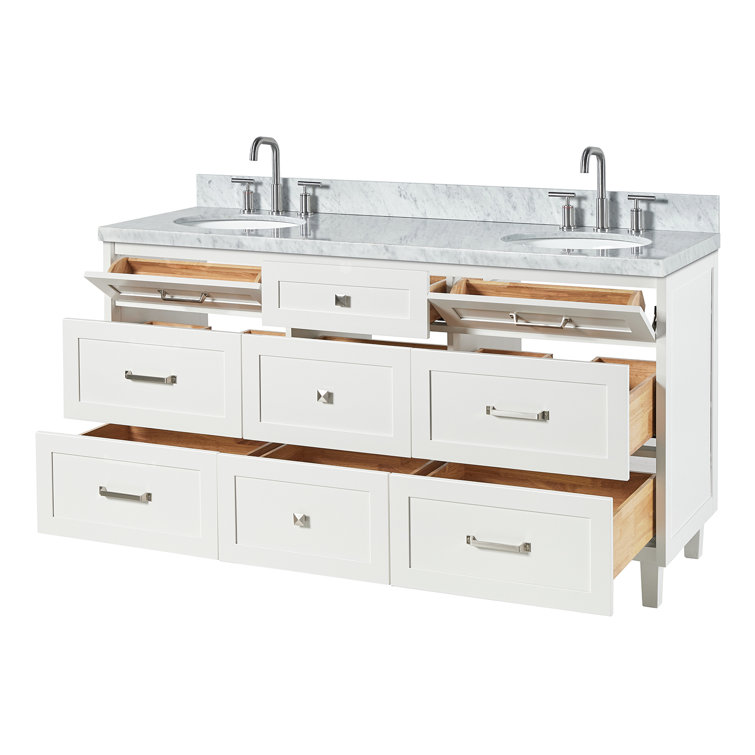 White Double Sink Freestanding Vanity with Carrara Marble Top