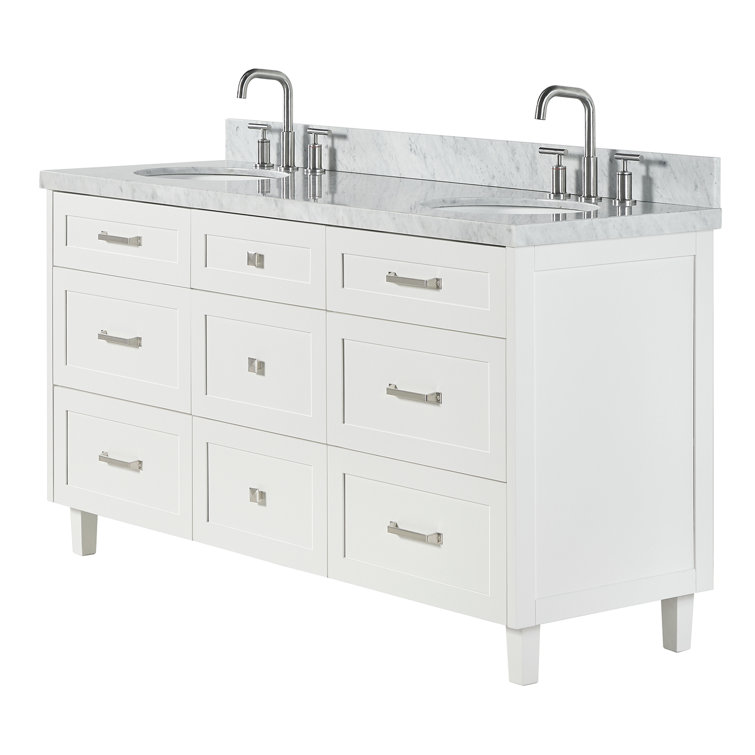 White Double Sink Freestanding Vanity with Carrara Marble Top
