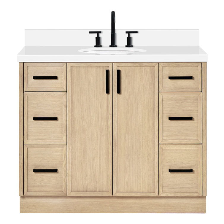 Oak Single Sink Bathroom Vanity with Pure White Quartz Top