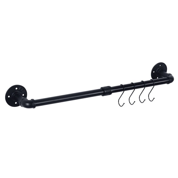 Industrial Matte Black Iron Wall-Mounted Towel Bar with Hooks