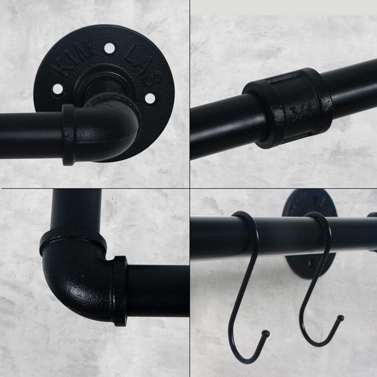 Industrial Matte Black Iron Wall-Mounted Towel Bar with Hooks