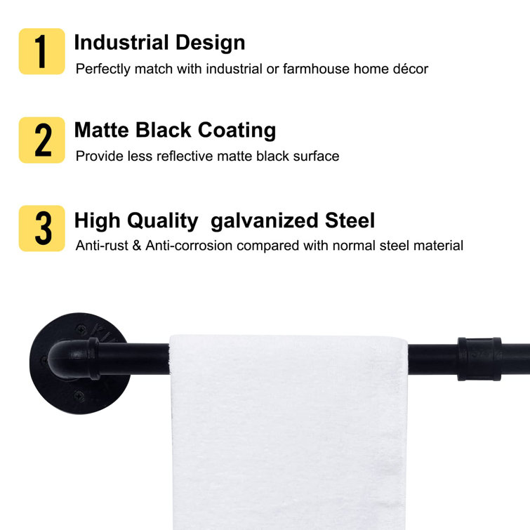 Industrial Matte Black Iron Wall-Mounted Towel Bar with Hooks