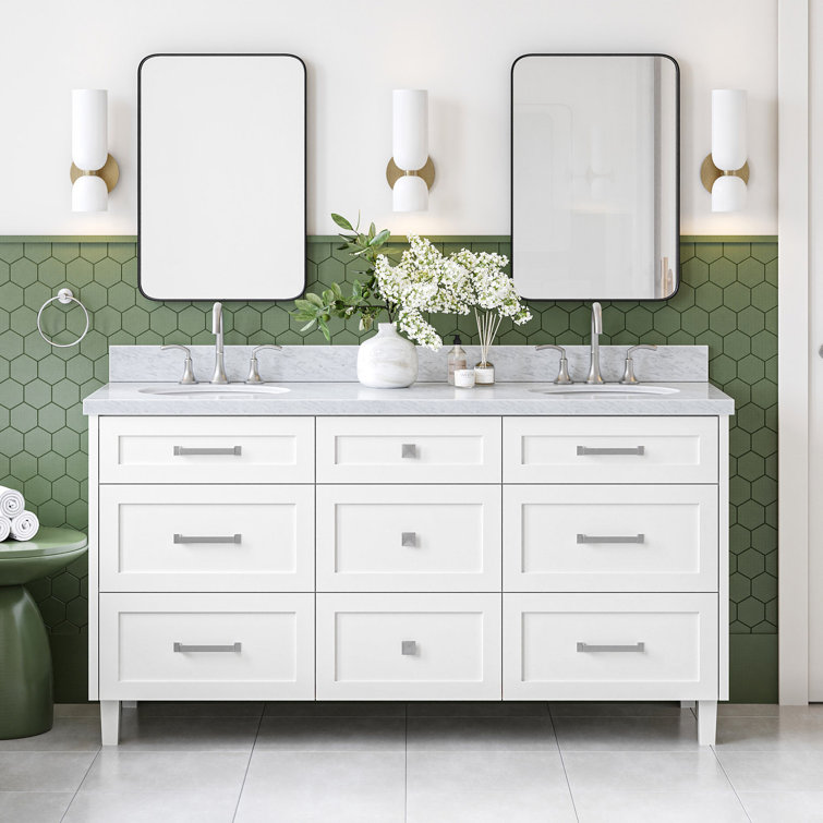 White Double Sink Freestanding Vanity with Carrara Marble Top