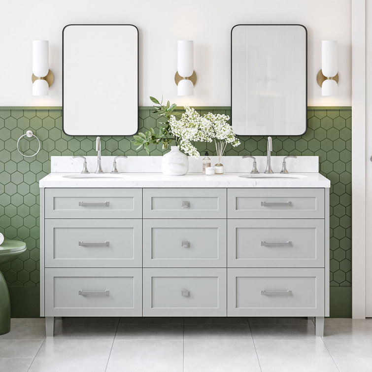 Gray Wood Double Sink Freestanding Vanity with Quartz Top