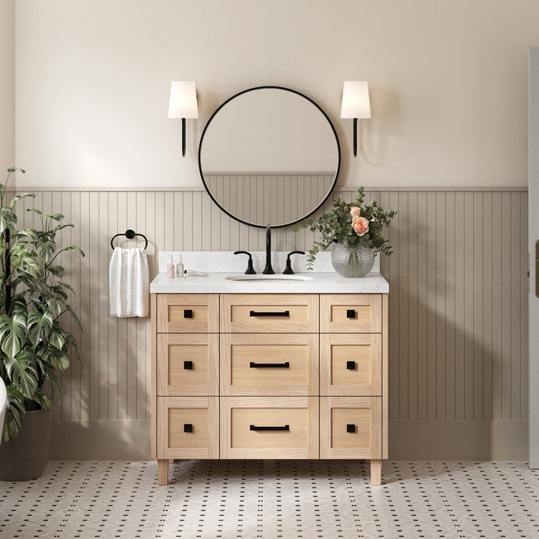 Monroe 42" Light Oak Freestanding Vanity Cabinet with Black Hardware