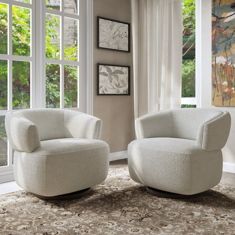 Beige Polyester Swivel Barrel Accent Chair with Metal Base
