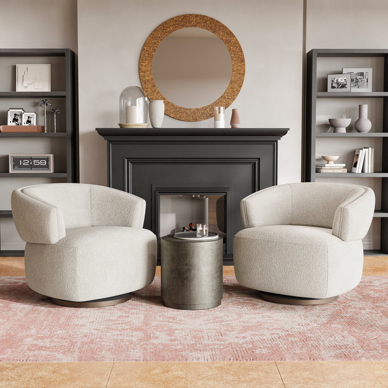 Beige Polyester Swivel Barrel Accent Chair with Metal Base