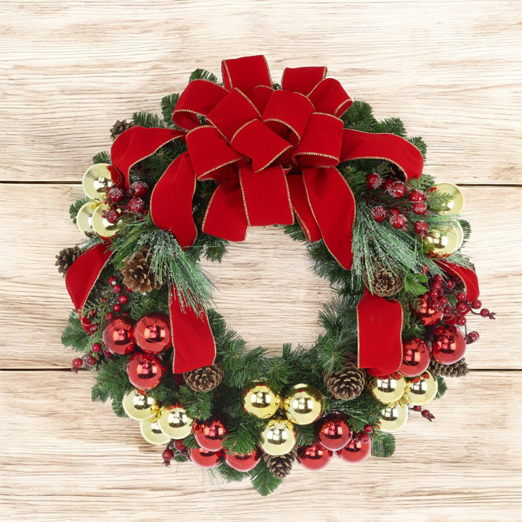 Festive Red and Gold Ribbon Pine Holiday Wreath