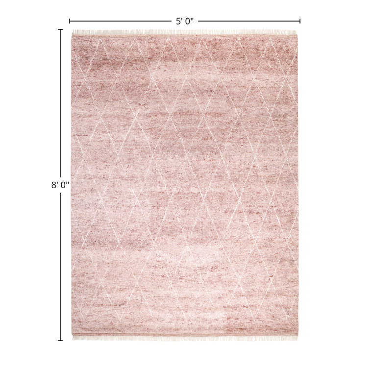 Hand-Knotted Red Geometric Wool Shag Rug, 5' x 8'