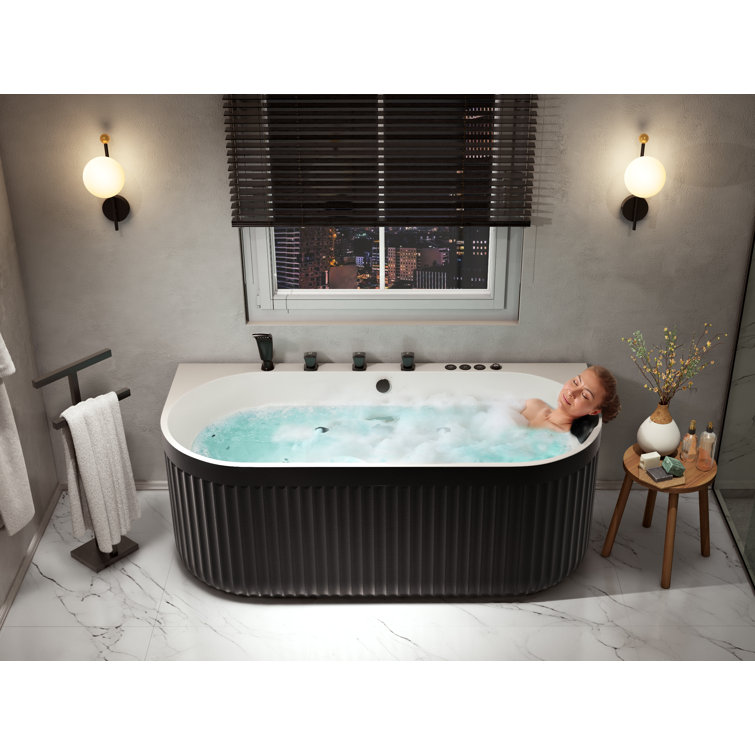 67'' Black and White Stone Resin Freestanding Oval Bathtub
