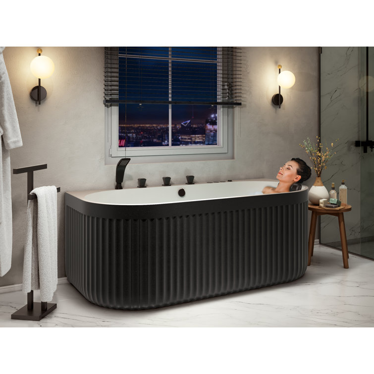 67'' Black and White Stone Resin Freestanding Oval Bathtub