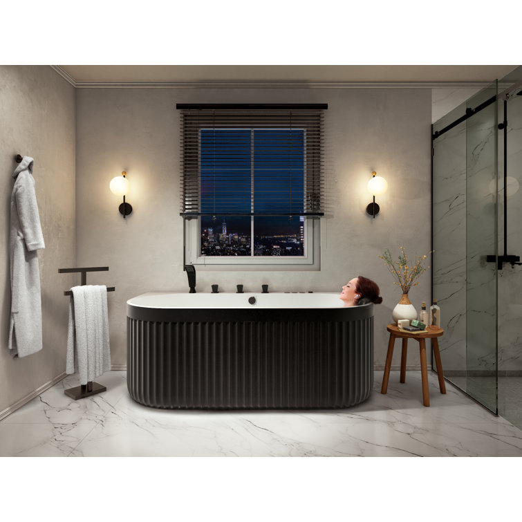 67'' Black and White Stone Resin Freestanding Oval Bathtub
