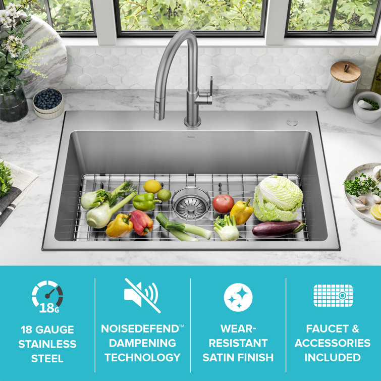 33-Inch Stainless Steel Drop-In Single Bowl Kitchen Sink with Drainboard