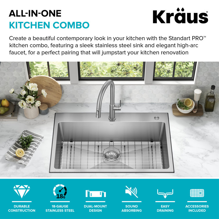 33-Inch Stainless Steel Drop-In Single Bowl Kitchen Sink with Drainboard