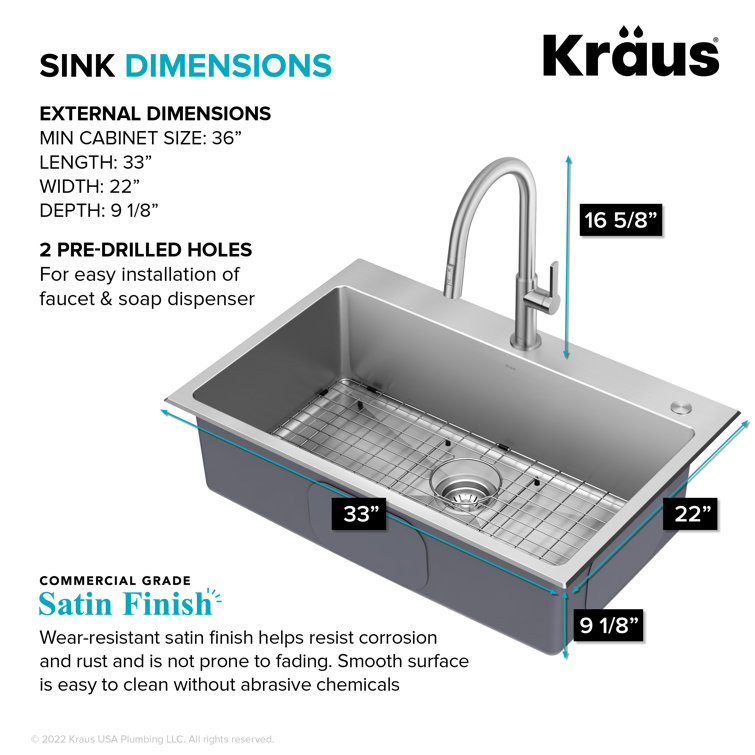 33-Inch Stainless Steel Drop-In Single Bowl Kitchen Sink with Drainboard