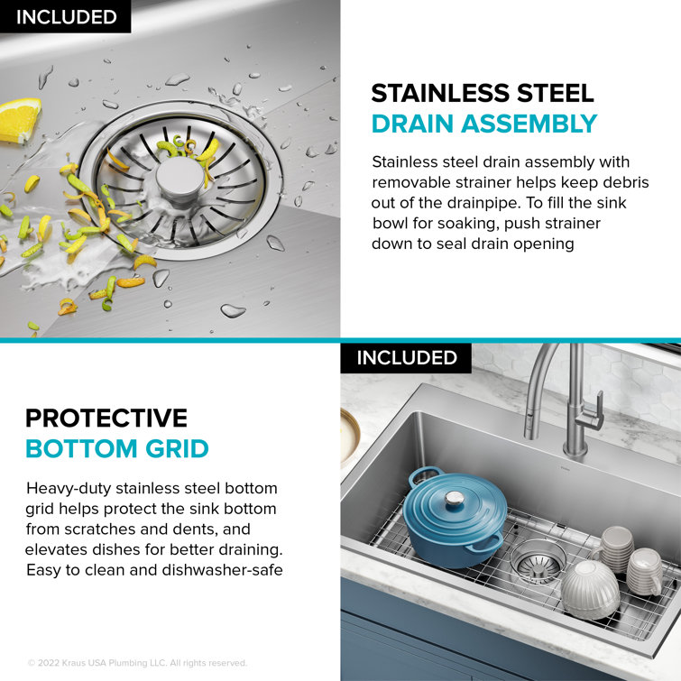 33-Inch Stainless Steel Drop-In Single Bowl Kitchen Sink with Drainboard