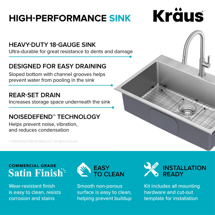 33-Inch Stainless Steel Drop-In Single Bowl Kitchen Sink with Drainboard