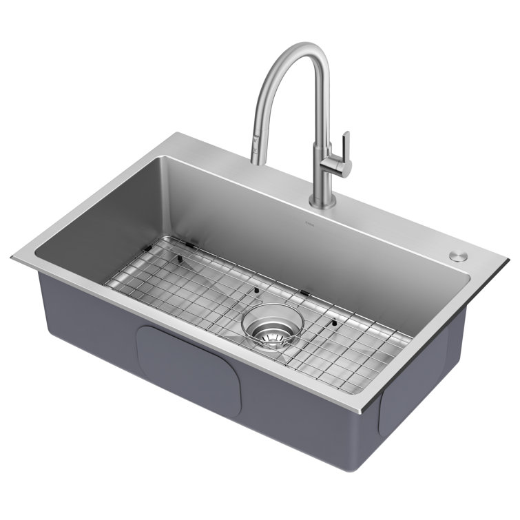 33-Inch Stainless Steel Drop-In Single Bowl Kitchen Sink with Drainboard