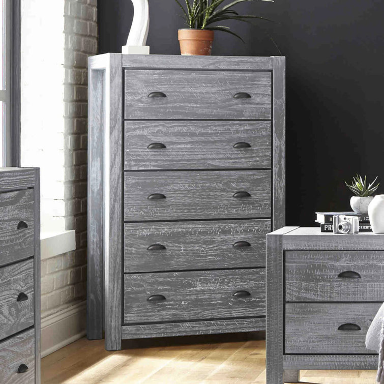Rustic Grey Solid Wood 5-Drawer Dresser with Deep Storage