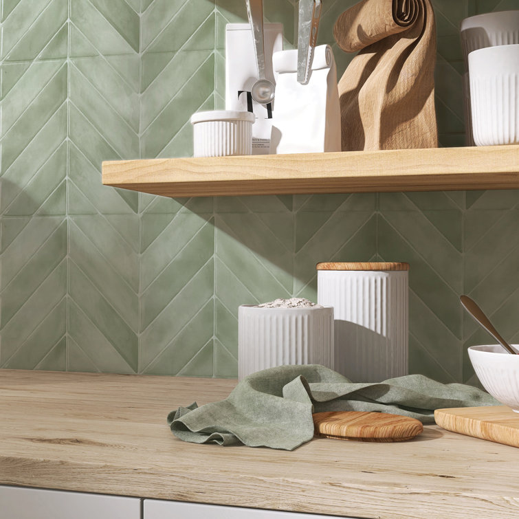 Chevron Solna Green Glossy Peel and Stick Backsplash Tile Set
