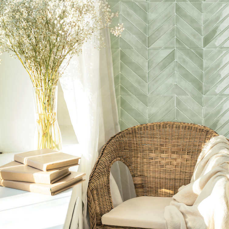 Chevron Solna Green Glossy Peel and Stick Backsplash Tile Set