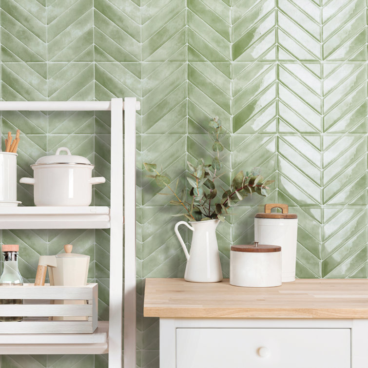 Chevron Solna Green Glossy Peel and Stick Backsplash Tile Set