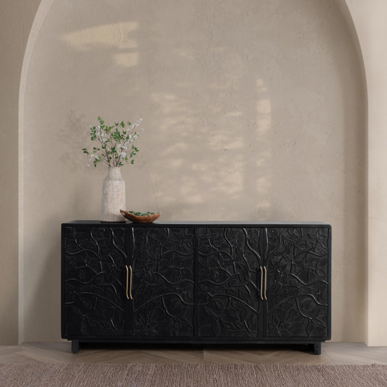 Black Mango Wood Sideboard Buffet with Brass Pulls