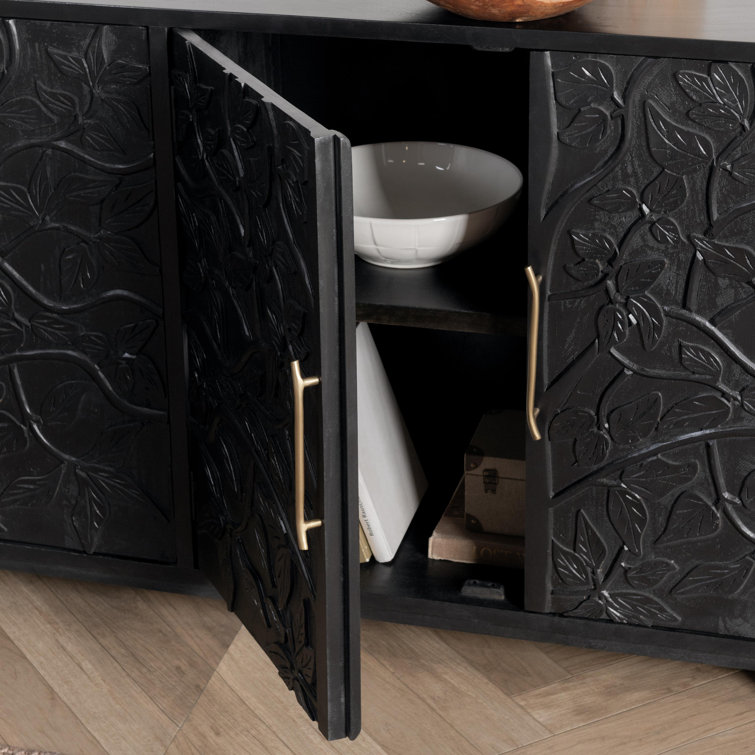 Black Mango Wood Sideboard Buffet with Brass Pulls