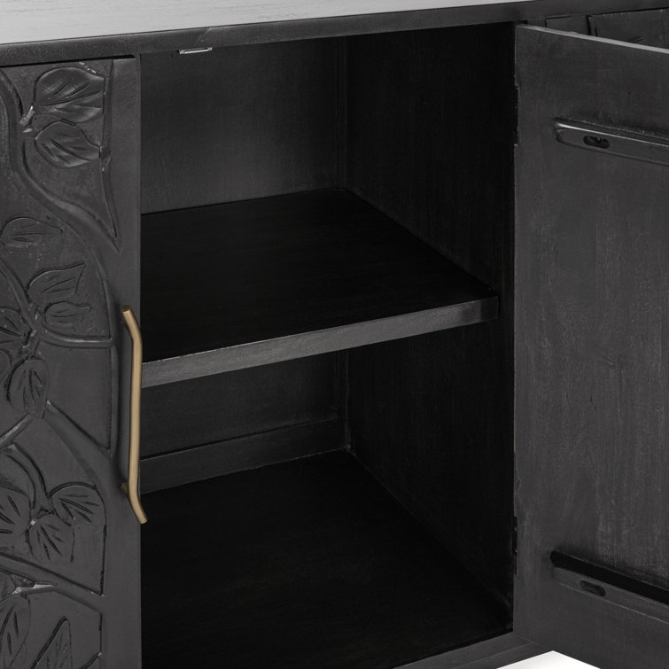 Black Mango Wood Sideboard Buffet with Brass Pulls