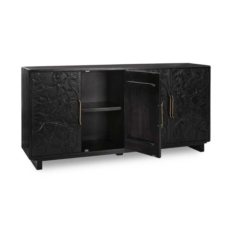 Black Mango Wood Sideboard Buffet with Brass Pulls