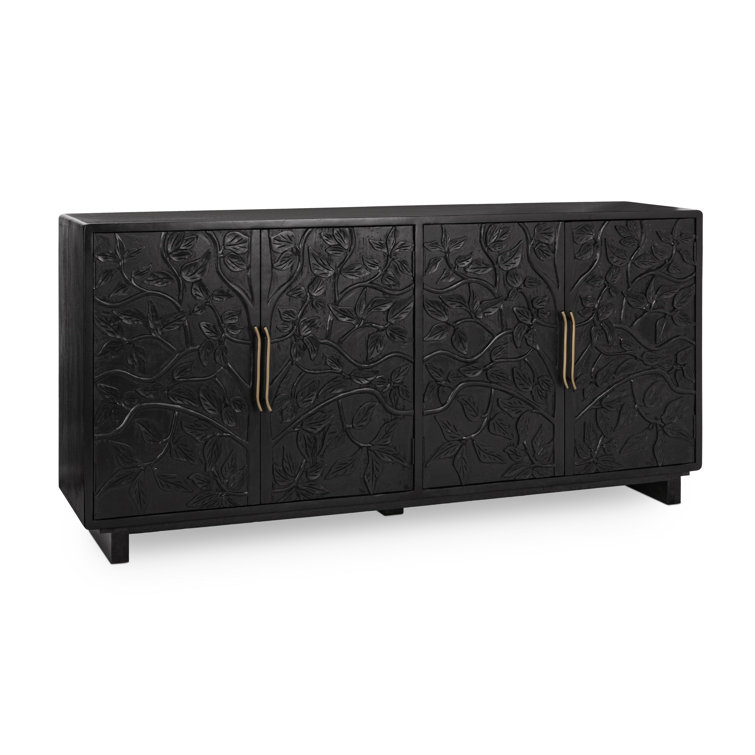 Black Mango Wood Sideboard Buffet with Brass Pulls
